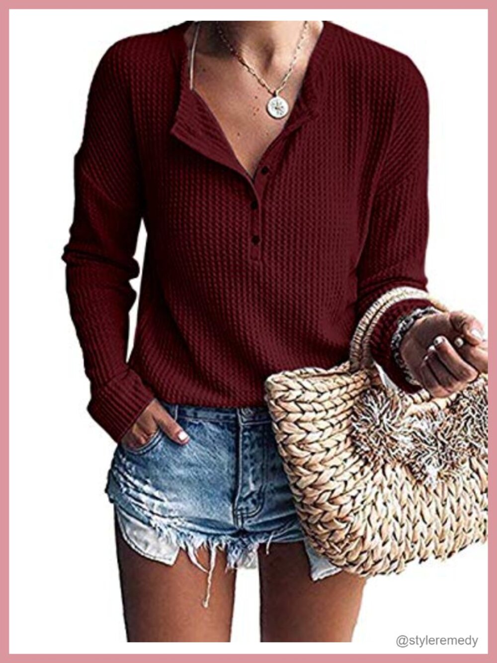 Waffle Knit Henley Long Sleeve Tunic Top Loose Fit Pullover